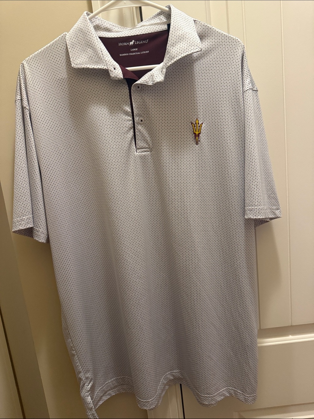 Horn Legend Men's ASU White Microdot Polo with Maroon Trim
